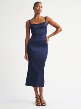 Corset Midi Stretch Satin Navy Dress